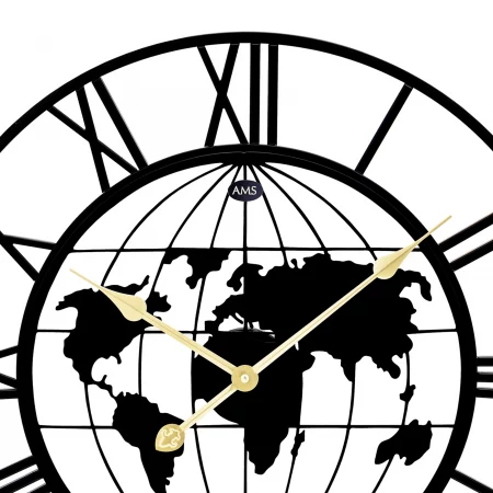 Wanduhr mit römischen Ziffern und Weltkartenmotiv auf Ziffernblatt