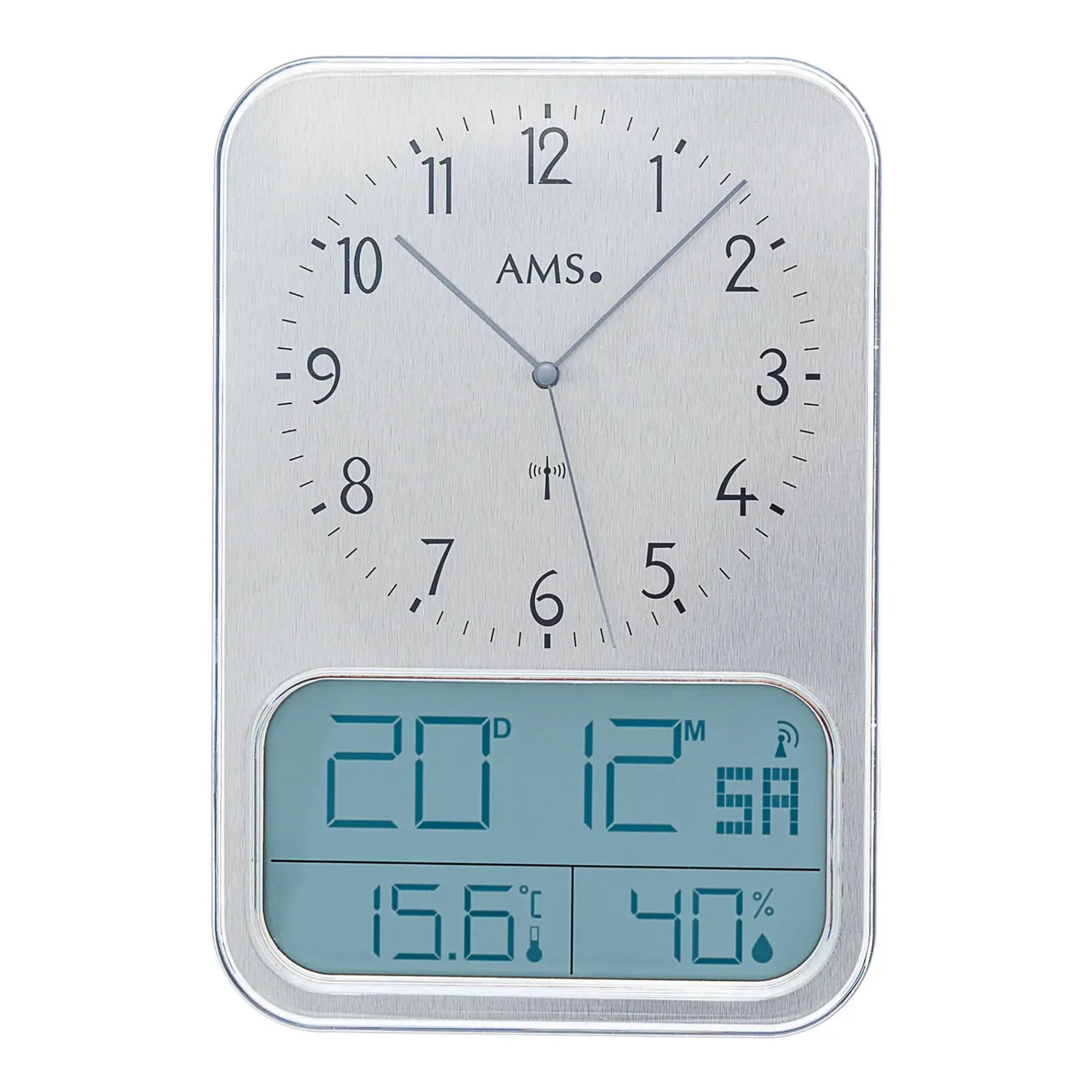 Analoge und digitale Wanduhr mit Temperaturanzeige in Silberoptik