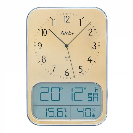 Analoge und digitale AMS Funkwanduhr mit Temperatur- und Luftfeuchtigkeitsanzeige