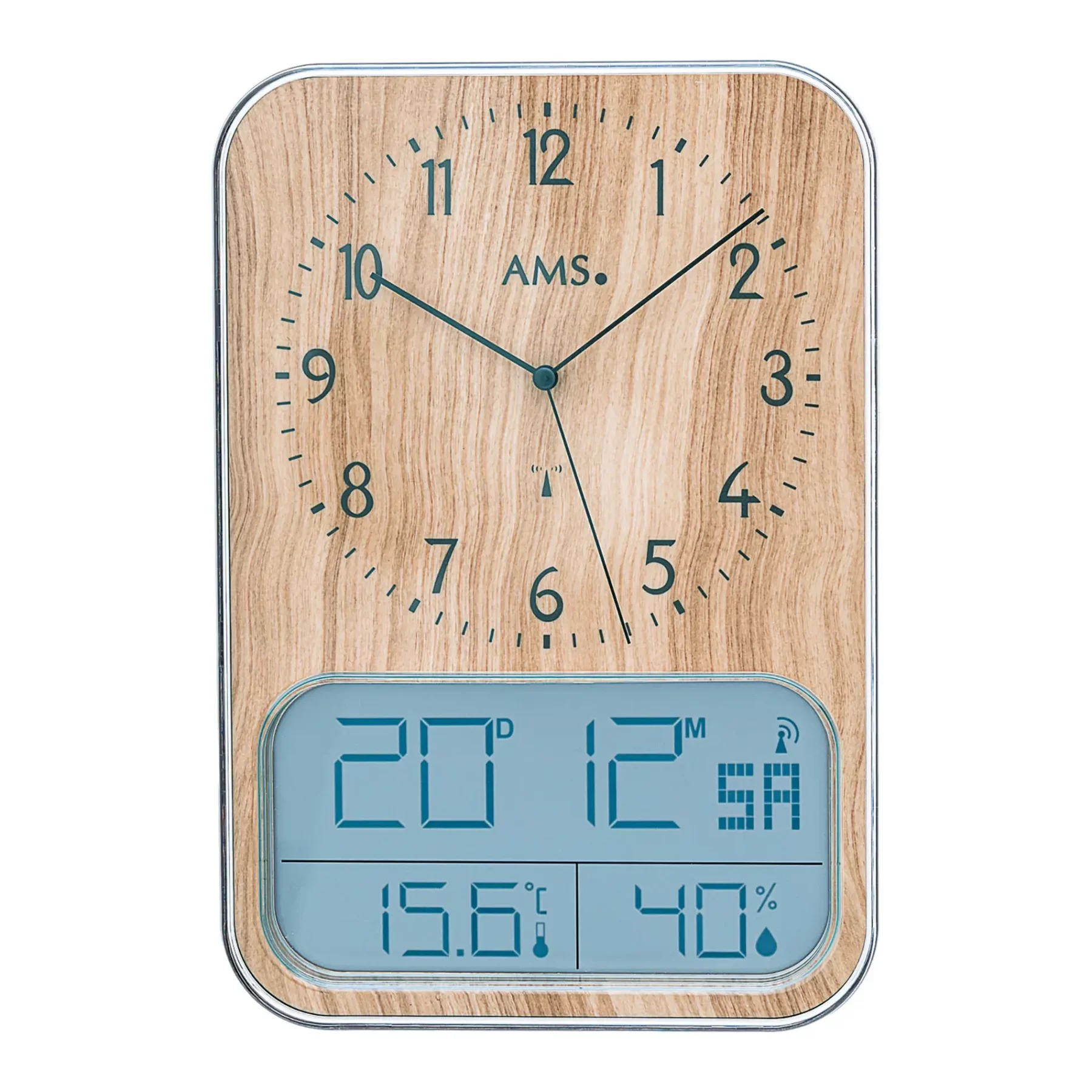 Holzuhr mit analoger und digitaler Anzeige, zeigt Zeit und Temperatur