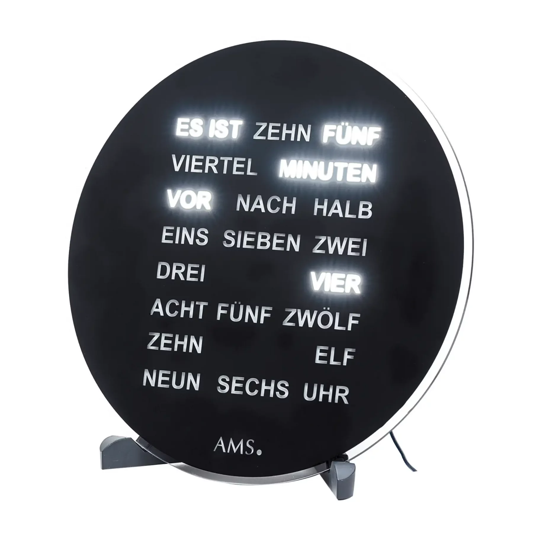 Runde LED-Uhr mit leuchtenden deutschen Wörtern