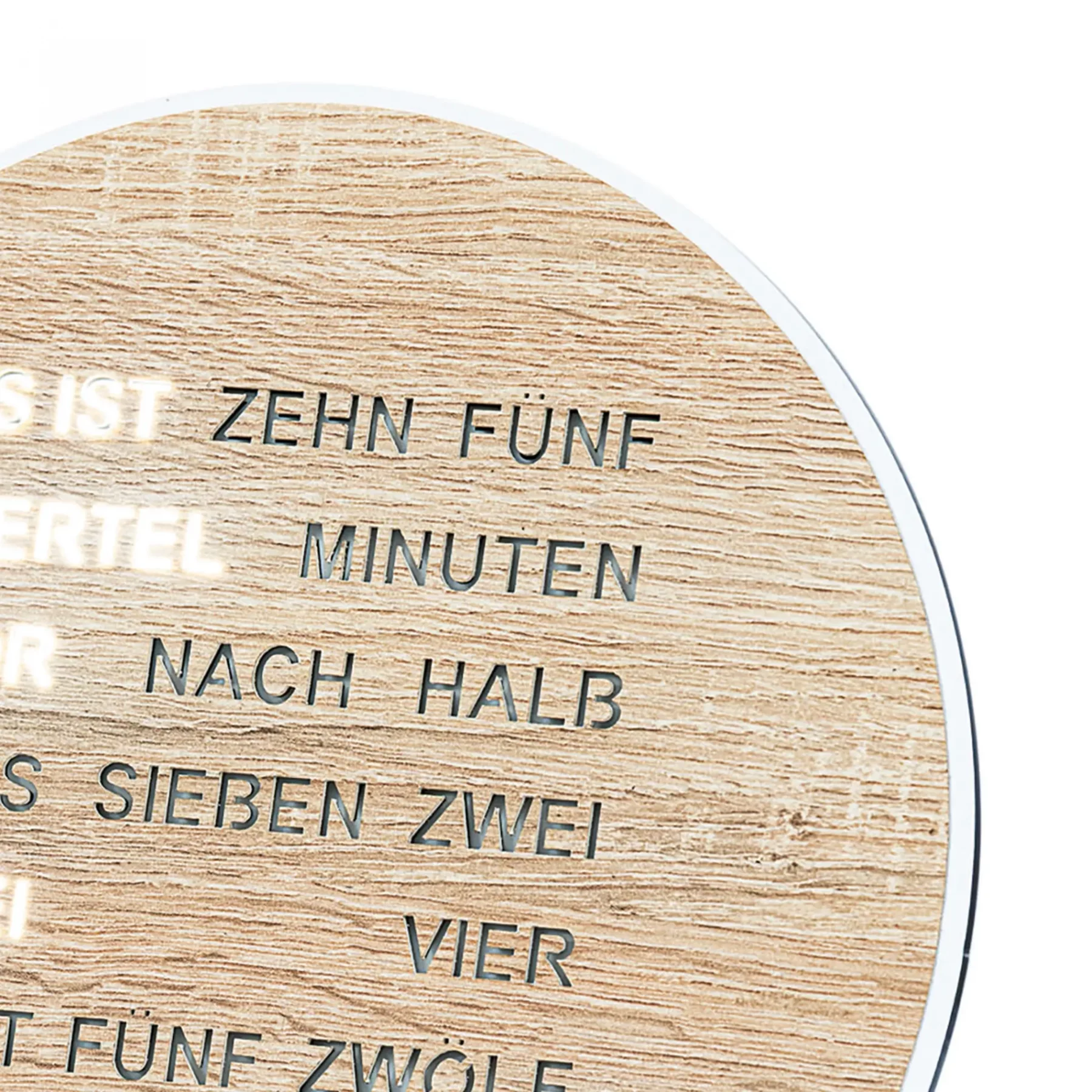 Holz-Wanduhr mit Worten zur Zeitangabe