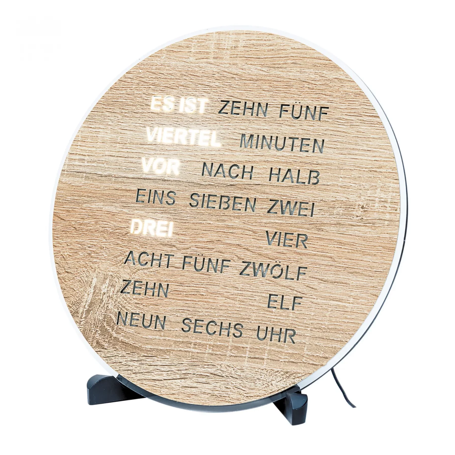 Runde Wortuhr aus Holz LED beleuchtet