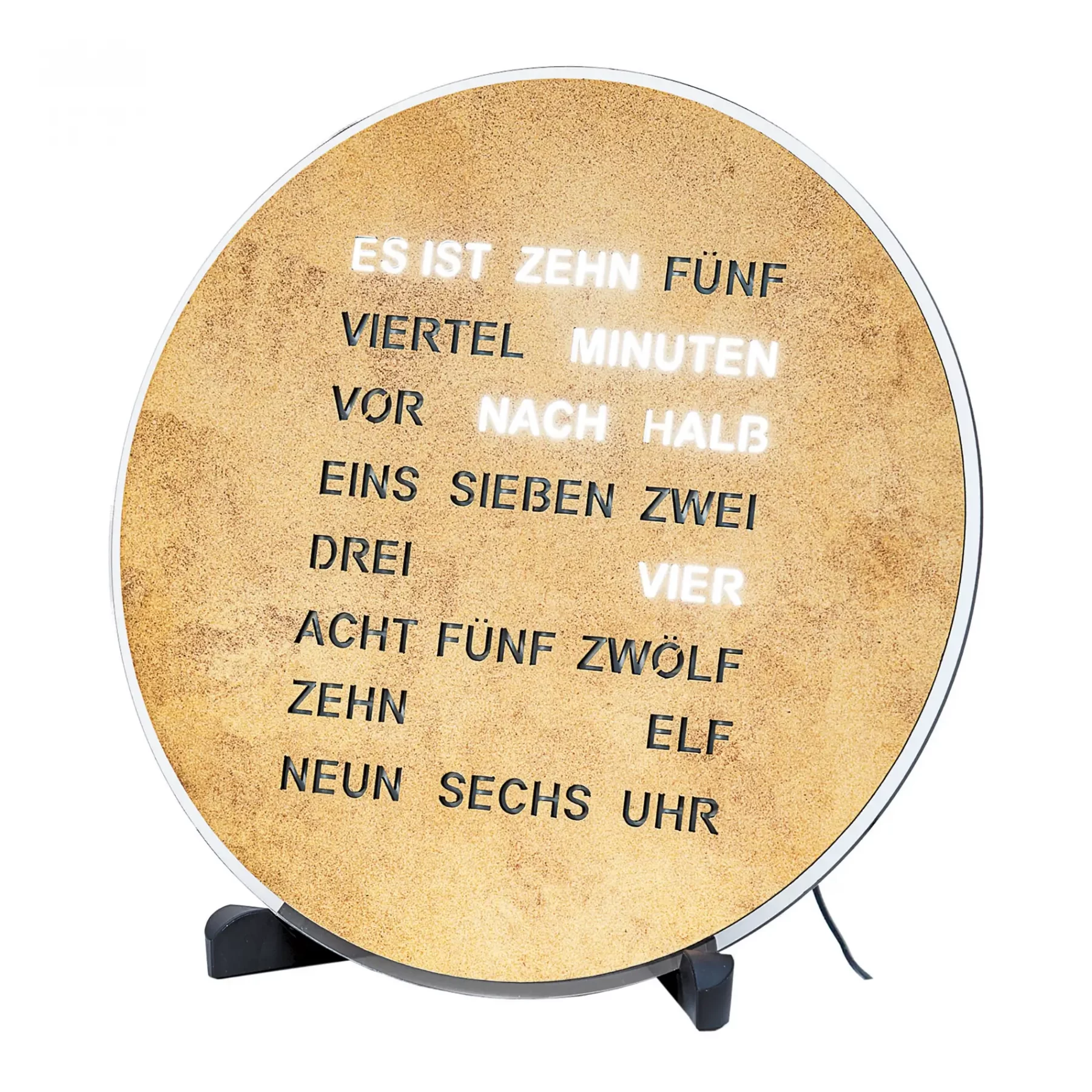 Runde Uhr ohne Zeiger mit leuchtenden Buchstaben auf hellem Hintergrund