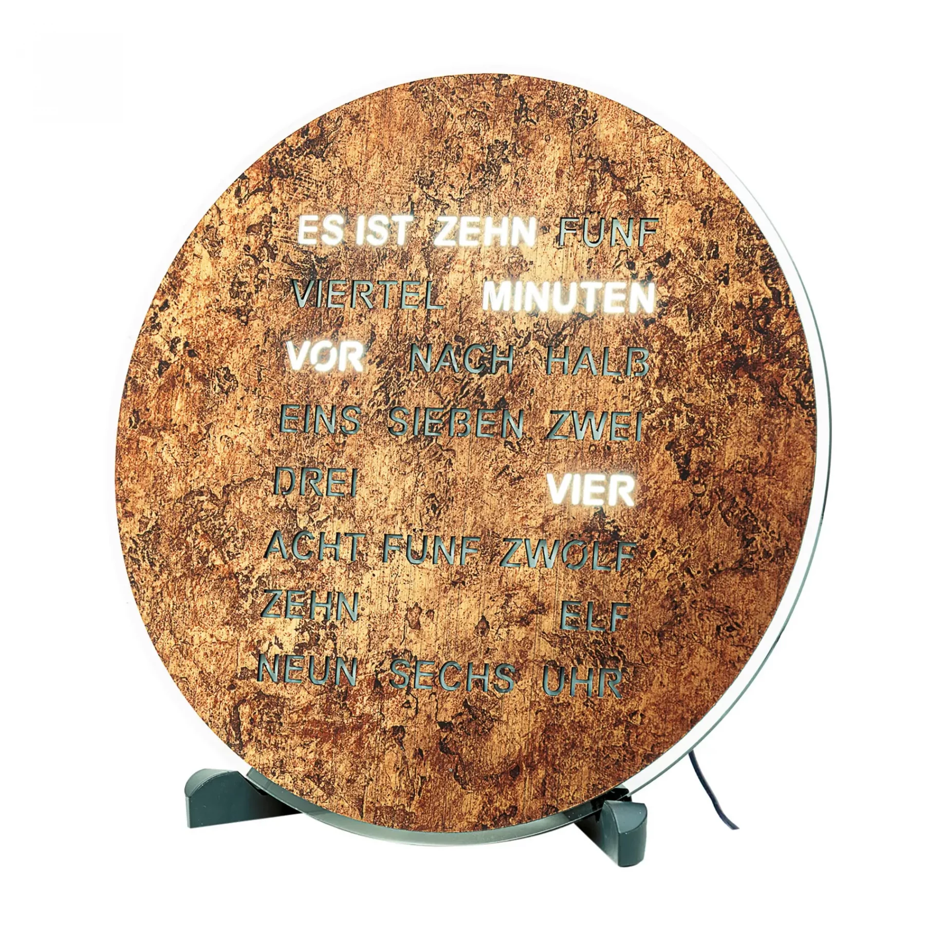 Runde Holz-Wanduhr mit deutscher Wortzeit-Anzeige