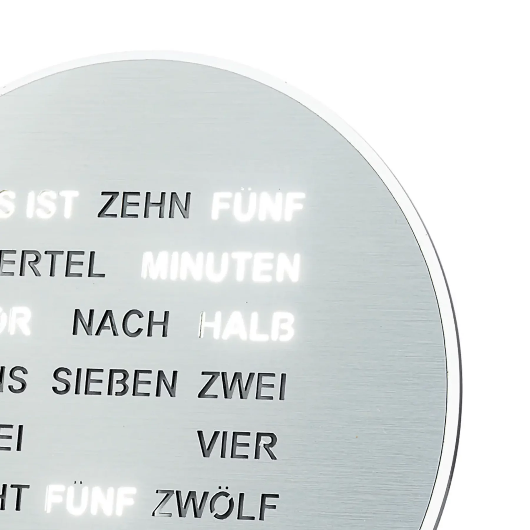 Runde Wortuhr mit leuchtendem Text zur Zeitanzeige