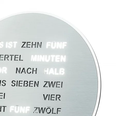 Runde Wortuhr mit leuchtendem Text zur Zeitanzeige