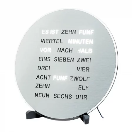 Moderne runde Uhr mit leuchtenden Buchstaben als Zeitangabe