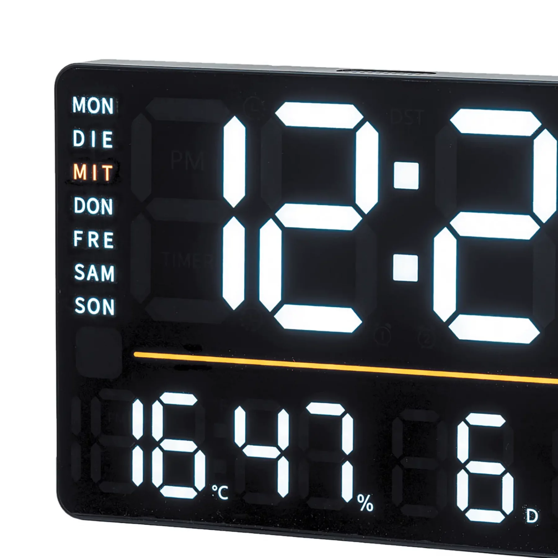 Digitale Uhr mit Wochentag und Temperaturanzeige
