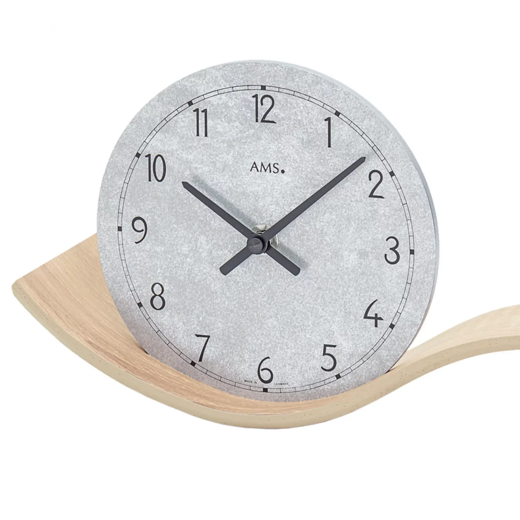 Moderne Tischuhr aus Stein und Holz mit klaren Ziffern