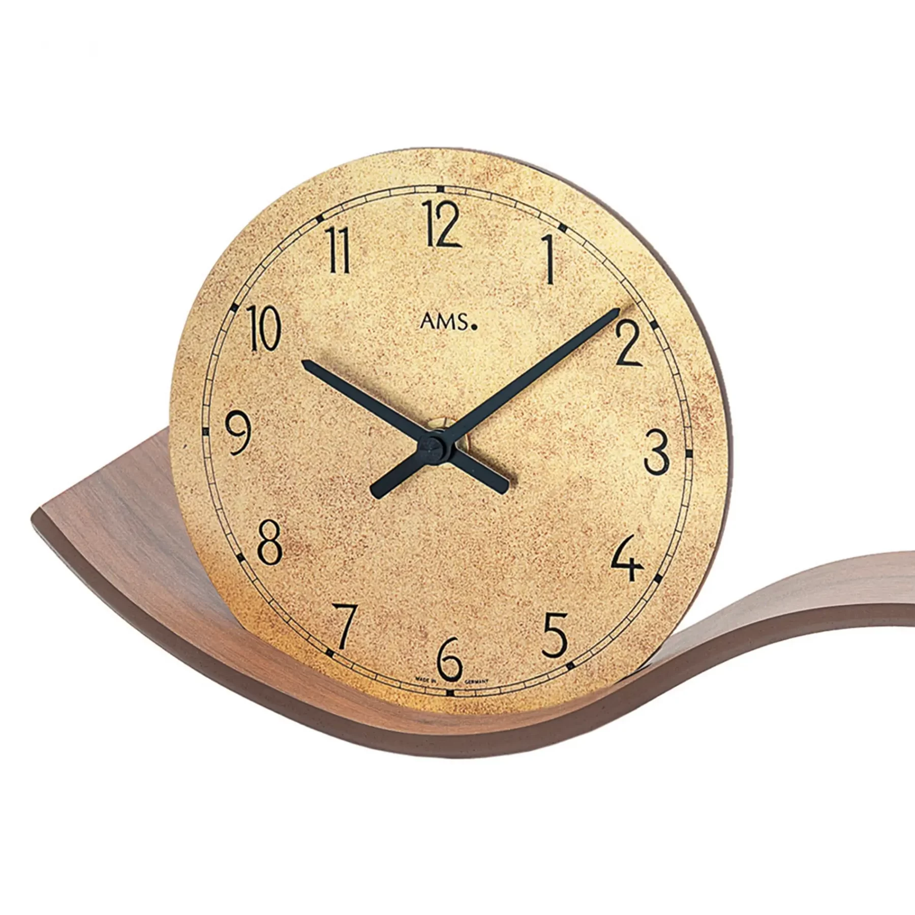 Moderne Wanduhr mit Holzdesign und goldfarbenem Zifferblatt