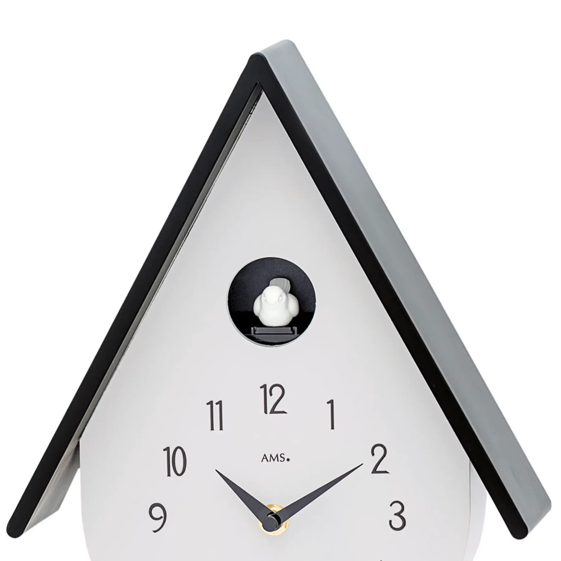 Moderne Kuckucksuhr mit weißem Zifferblatt und schwarzem Dach