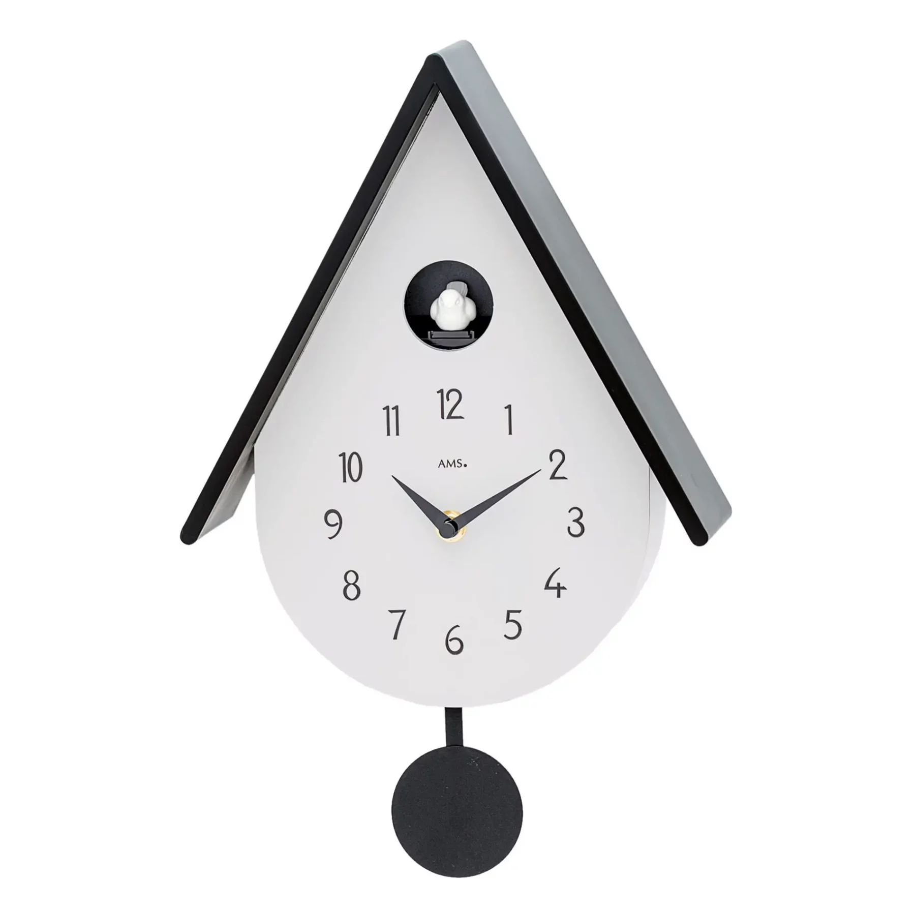 Moderne Kuckucksuhr mit schwarzem Pendel und Vogel