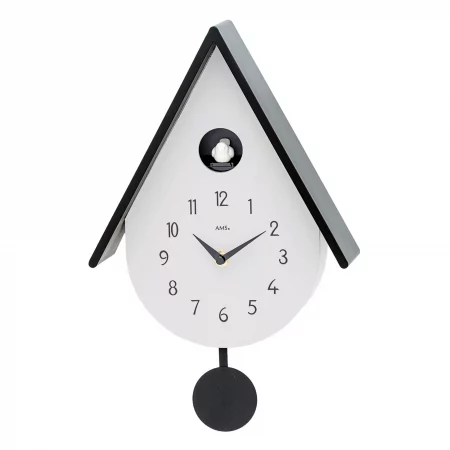 Moderne Kuckucksuhr mit schwarzem Pendel und Vogel