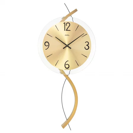 Moderne Wanduhr mit goldenem Zifferblatt und geschwungenem Design