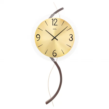 Moderne Wanduhr mit geschwungenem Design und goldfarbenem Zifferblatt